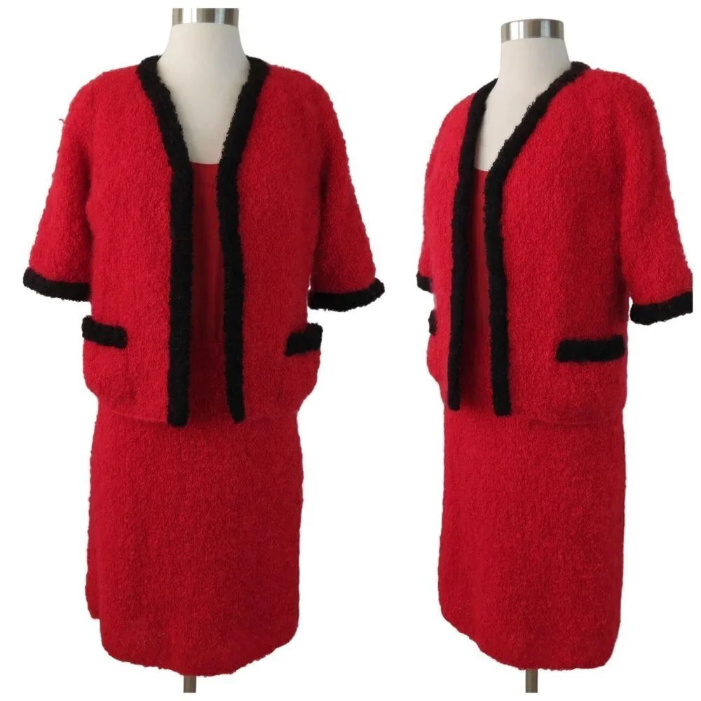VINTAGE Women's Red & Black Fuzzy Boucle Suit with Dress & Boxy Jacket S-M